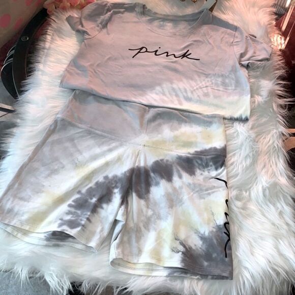 PINK TIE DYE TEE SHIRT & HIGH WAIST BIKER SHORTS - Picture 1 of 4